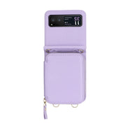 For Motorola Razr 40 Long and Short Lanyard Zipper Card Slot Foldable Phone Case(Purple)