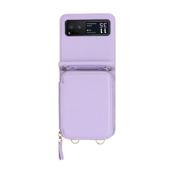 For Motorola Razr 40 Long and Short Lanyard Zipper Card Slot Foldable Phone Case(Purple)