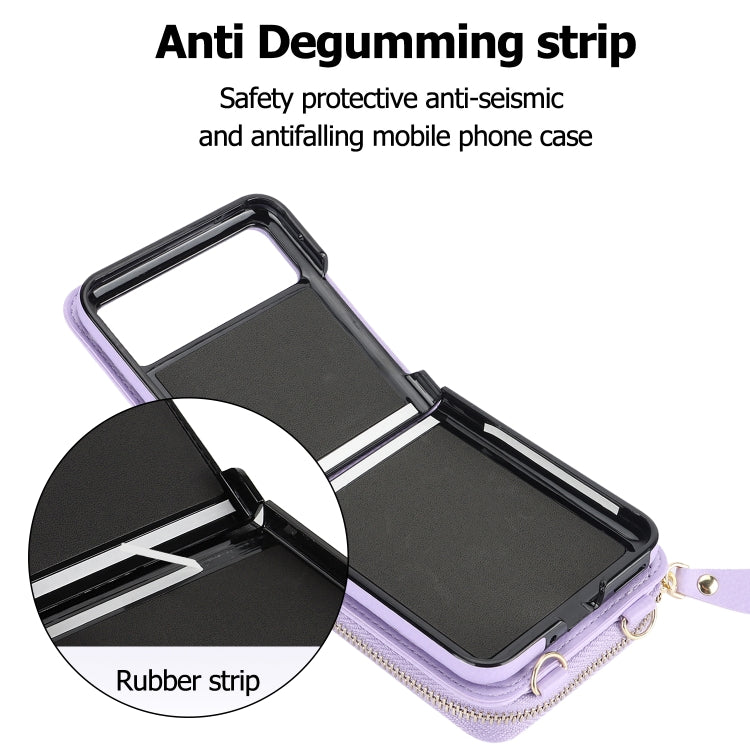 For Motorola Razr 40 Long and Short Lanyard Zipper Card Slot Foldable Phone Case(Purple)