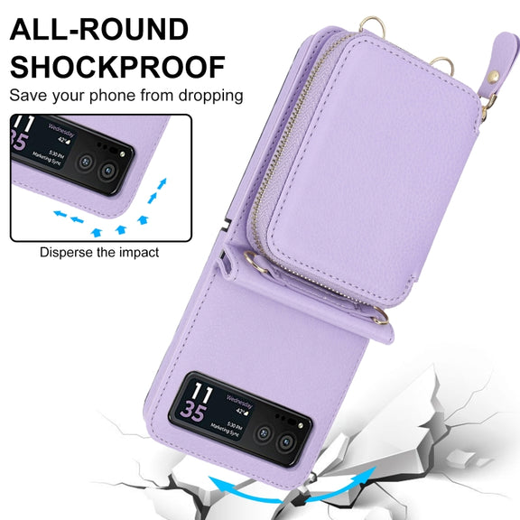 For Motorola Razr 40 Long and Short Lanyard Zipper Card Slot Foldable Phone Case(Purple)