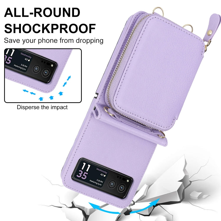 For Motorola Razr 40 Long and Short Lanyard Zipper Card Slot Foldable Phone Case(Purple)