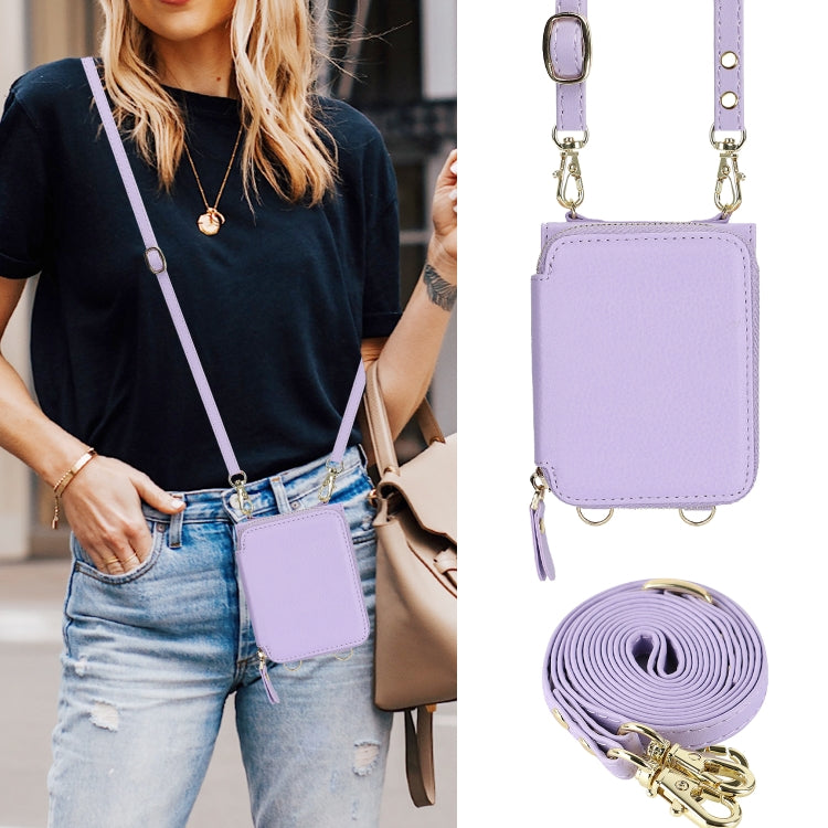 For Motorola Razr 40 Long and Short Lanyard Zipper Card Slot Foldable Phone Case(Purple)