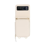For Motorola Razr 40 Long and Short Lanyard Zipper Card Slot Foldable Phone Case(Beige)