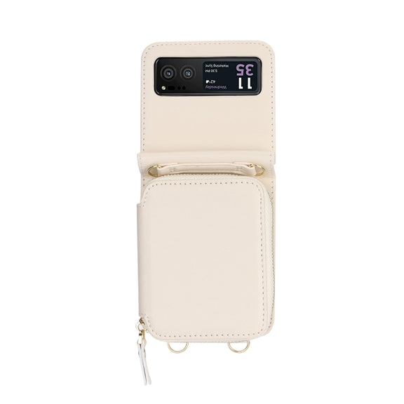 For Motorola Razr 40 Long and Short Lanyard Zipper Card Slot Foldable Phone Case(Beige)