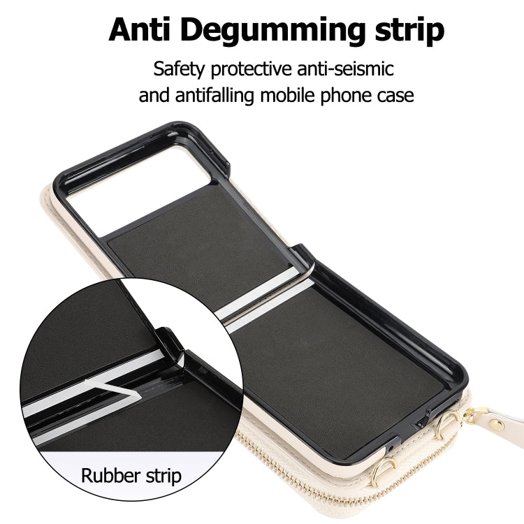 For Motorola Razr 40 Long and Short Lanyard Zipper Card Slot Foldable Phone Case(Beige)