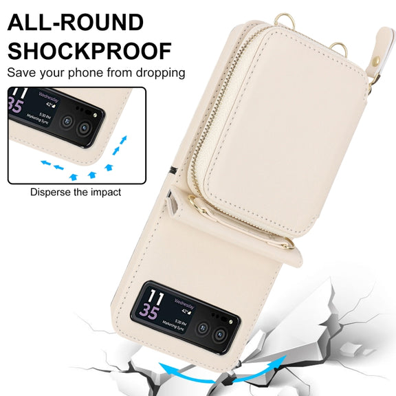For Motorola Razr 40 Long and Short Lanyard Zipper Card Slot Foldable Phone Case(Beige)