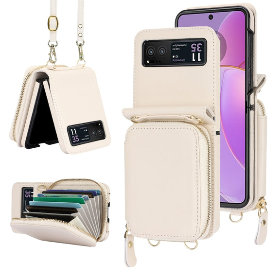 For Motorola Razr 40 Long and Short Lanyard Zipper Card Slot Foldable Phone Case(Beige)