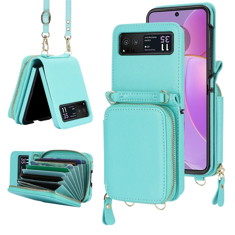 For Motorola Razr 40 Long and Short Lanyard Zipper Card Slot Foldable Phone Case(Mint Green) - Motorola Cases by PMC TechLife | Online Shopping South Africa | PMC TechLife | Buy Now Pay Later Mobicred