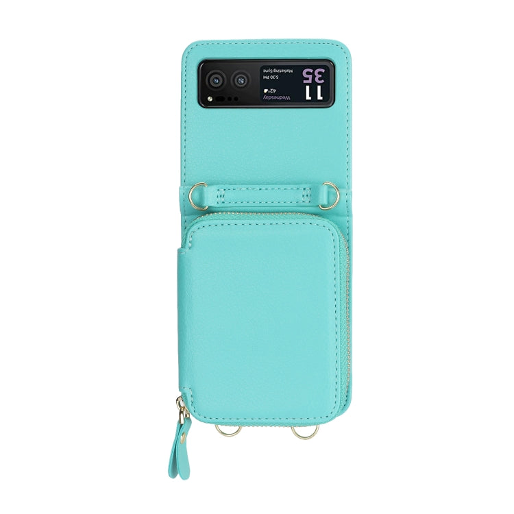 For Motorola Razr 40 Long and Short Lanyard Zipper Card Slot Foldable Phone Case(Mint Green)