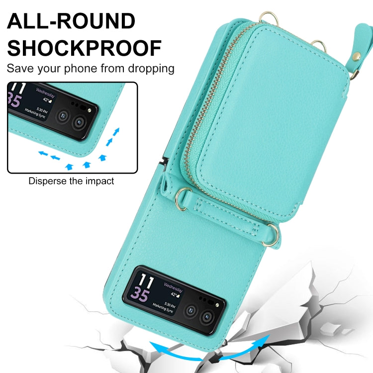 For Motorola Razr 40 Long and Short Lanyard Zipper Card Slot Foldable Phone Case(Mint Green)