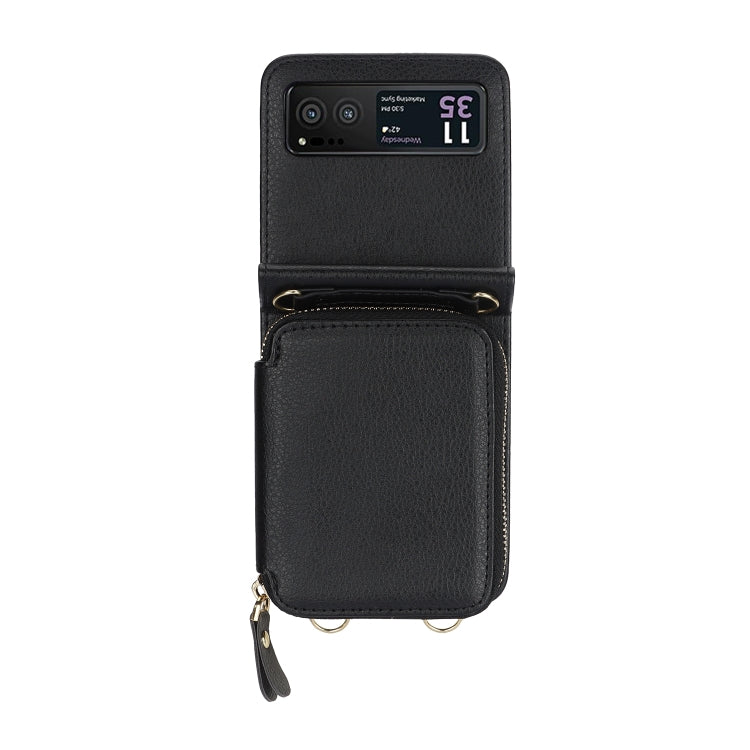 For Motorola Razr 40 Long and Short Lanyard Zipper Card Slot Foldable Phone Case(Black) - Motorola Cases by PMC TechLife | Online Shopping South Africa | PMC TechLife | Buy Now Pay Later Mobicred