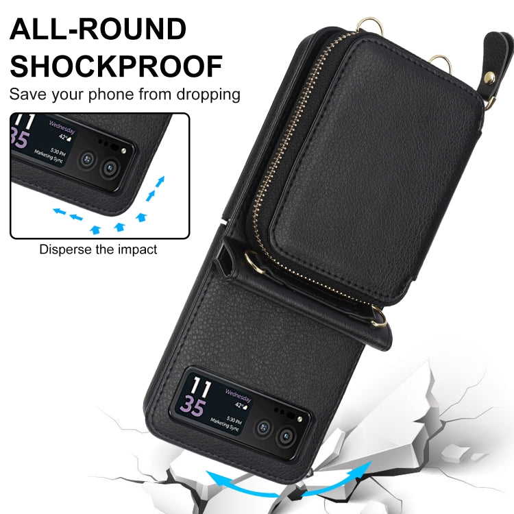 For Motorola Razr 40 Long and Short Lanyard Zipper Card Slot Foldable Phone Case(Black)