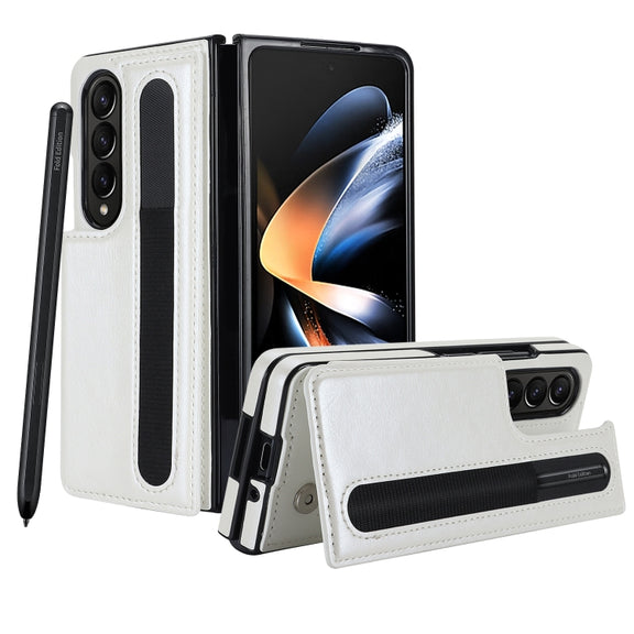 For Samsung Galaxy Z Fold4 Double Buckle Card Slot Foldable Phone Case with Pen Slot(White)