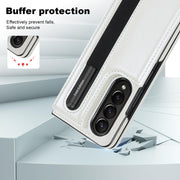 For Samsung Galaxy Z Fold4 Double Buckle Card Slot Foldable Phone Case with Pen Slot(White)
