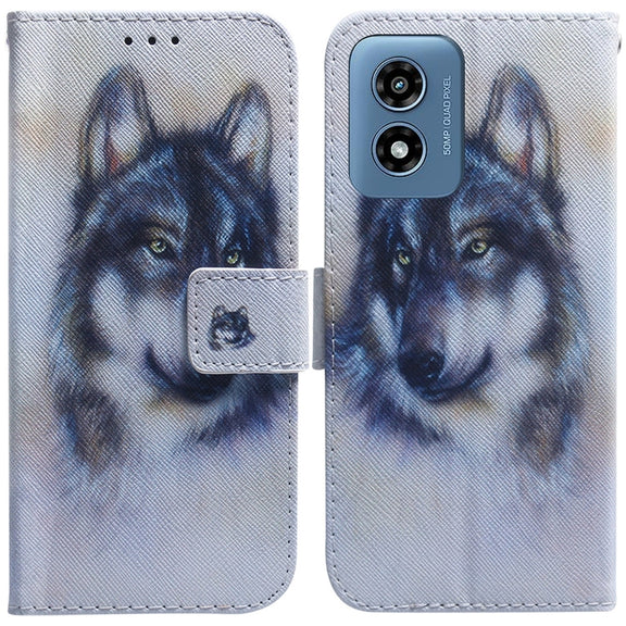 For Motorola Moto G Play 4G 2024 Coloured Drawing Flip Leather Phone Case(White Wolf)