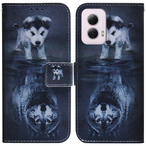For Motorola Moto G Power 5G 2024 Coloured Drawing Flip Leather Phone Case(Wolf and Dog)