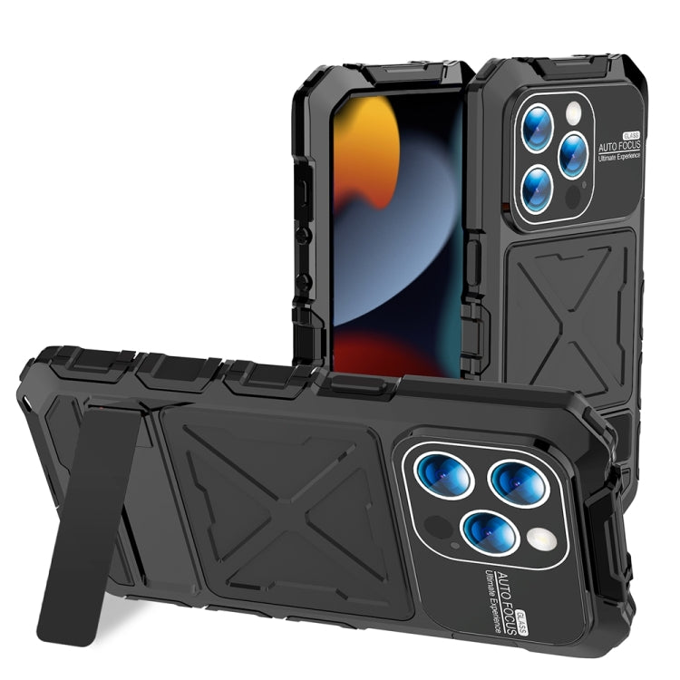For iPhone 15 Pro Max R-JUST Metal + Silicone + Tempered Glass Life Waterproof Phone Case with Holder(Black) - free shipping - PMC TechLife - Order now!