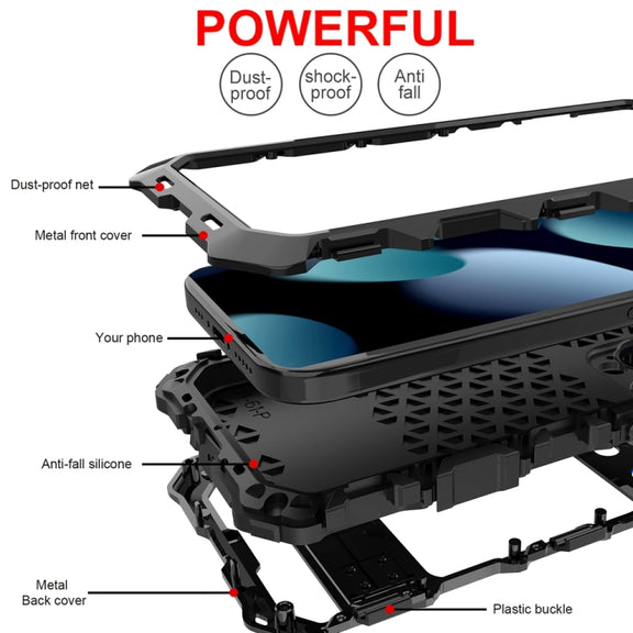 For iPhone 15 Pro Max R-JUST Metal + Silicone + Tempered Glass Life Water-resistant Phone Case with Holder(Black)