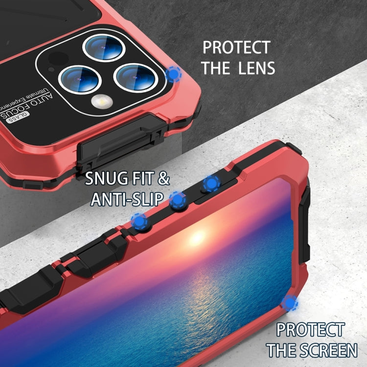 For iPhone 15 Pro Max R-JUST Metal + Silicone + Tempered Glass Life Water-resistant Phone Case with Holder(Red)