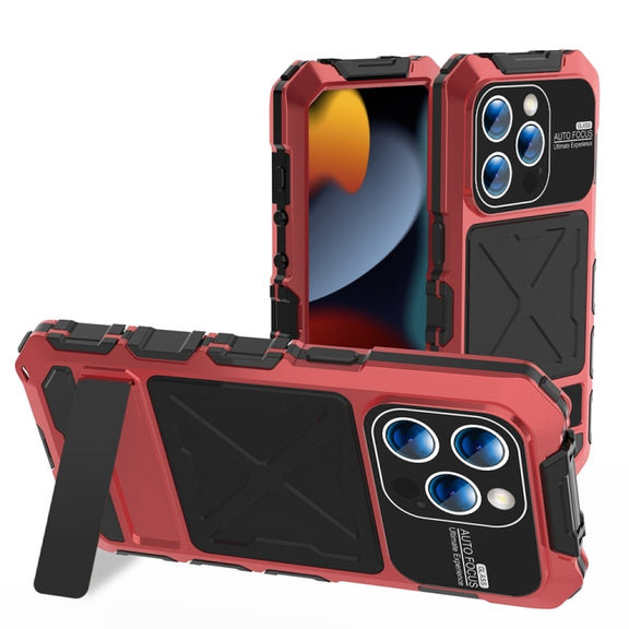 For iPhone 15 Pro Max R-JUST Metal + Silicone + Tempered Glass Life Water-resistant Phone Case with Holder(Red)