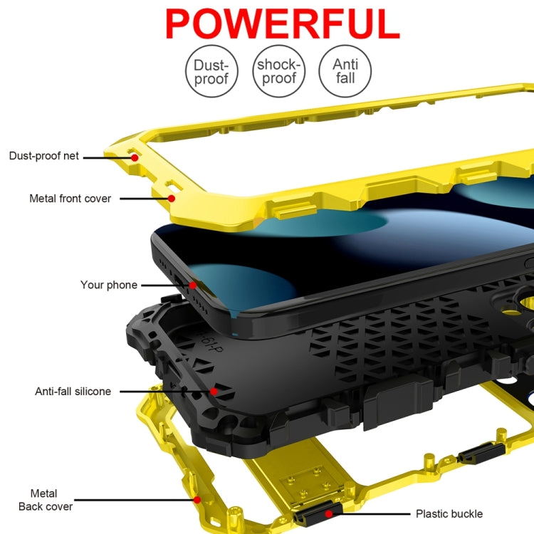 For iPhone 15 Pro Max R-JUST Metal + Silicone + Tempered Glass Life Waterproof Phone Case with Holder(Yellow) - iPhone 15 Pro Max Cases by R-JUST | Online Shopping South Africa | PMC TechLife | Buy Now Pay Later Mobicred