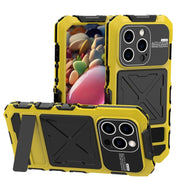 For iPhone 15 Pro Max R-JUST Metal + Silicone + Tempered Glass Life Water-resistant Phone Case with Holder(Yellow)
