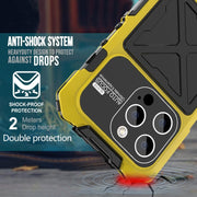 For iPhone 15 Pro Max R-JUST Metal + Silicone + Tempered Glass Life Water-resistant Phone Case with Holder(Yellow)