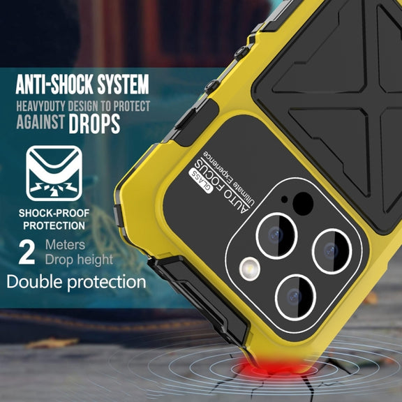 For iPhone 15 Pro Max R-JUST Metal + Silicone + Tempered Glass Life Water-resistant Phone Case with Holder(Yellow)