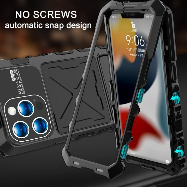 For iPhone 15 Pro R-JUST Metal + Silicone + Tempered Glass Life Water-resistant Phone Case with Holder(Black)