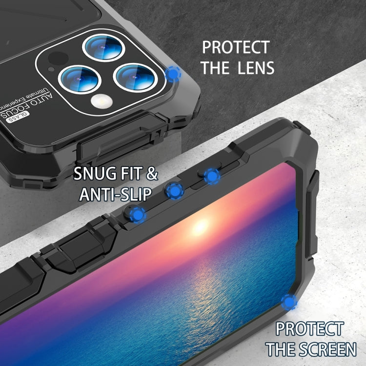 For iPhone 15 Pro R-JUST Metal + Silicone + Tempered Glass Life Waterproof Phone Case with Holder(Black) - free shipping - PMC TechLife - Order now!
