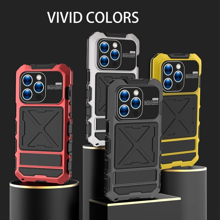 For iPhone 15 Pro R-JUST Metal + Silicone + Tempered Glass Life Water-resistant Phone Case with Holder(Black)