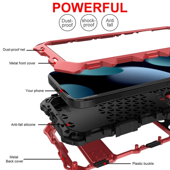 For iPhone 15 Pro R-JUST Metal + Silicone + Tempered Glass Life Water-resistant Phone Case with Holder(Red)