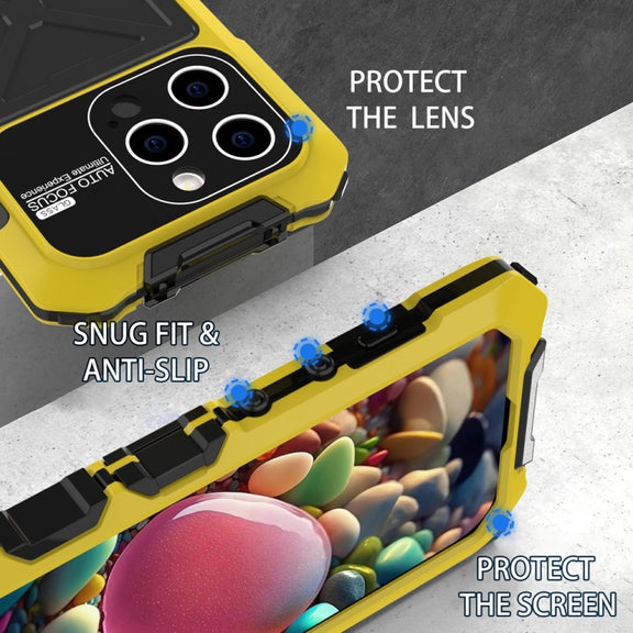 For iPhone 15 Pro R-JUST Metal + Silicone + Tempered Glass Life Water-resistant Phone Case with Holder(Yellow)