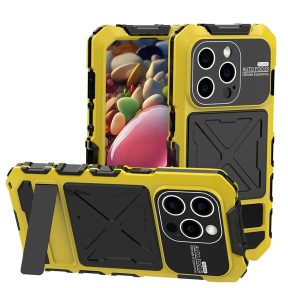 For iPhone 15 Pro R-JUST Metal + Silicone + Tempered Glass Life Water-resistant Phone Case with Holder(Yellow)