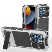 For iPhone 15 Pro R-JUST Metal + Silicone + Tempered Glass Life Water-resistant Phone Case with Holder(Silver)
