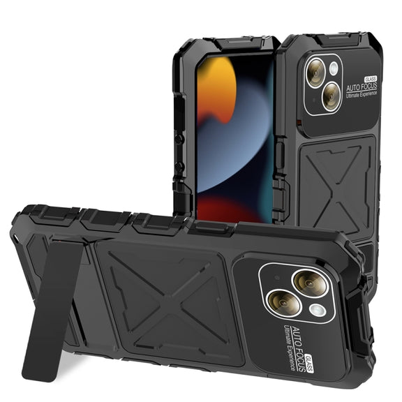 For iPhone 15 Plus R-JUST Metal + Silicone + Tempered Glass Life Water-resistant Phone Case with Holder(Black)