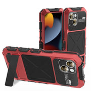 For iPhone 15 Plus R-JUST Metal + Silicone + Tempered Glass Life Water-resistant Phone Case with Holder(Red)