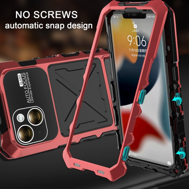 For iPhone 15 Plus R-JUST Metal + Silicone + Tempered Glass Life Water-resistant Phone Case with Holder(Red)