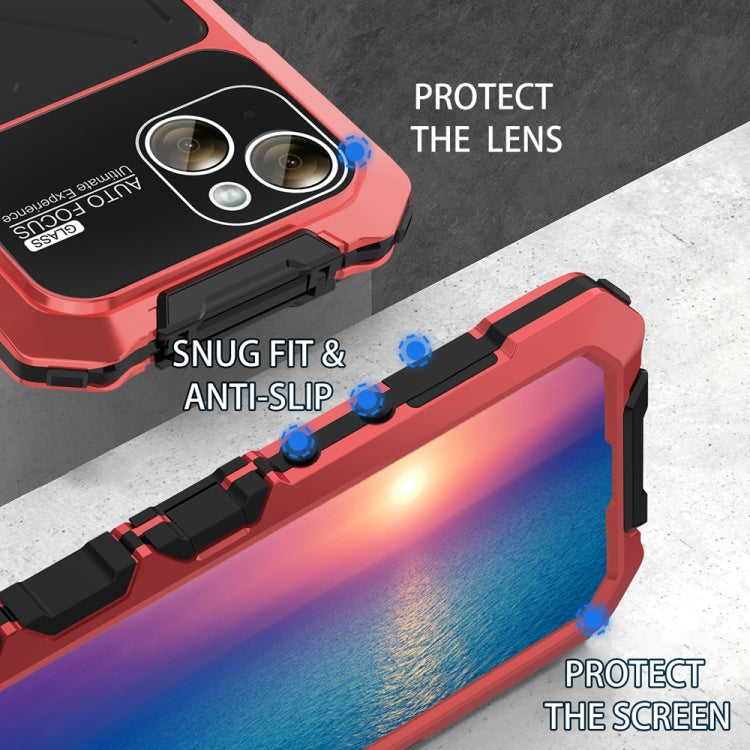 For iPhone 15 Plus R-JUST Metal + Silicone + Tempered Glass Life Waterproof Phone Case with Holder(Red) - iPhone 15 Plus Cases by R-JUST | Online Shopping South Africa | PMC TechLife | Buy Now Pay Later Mobicred