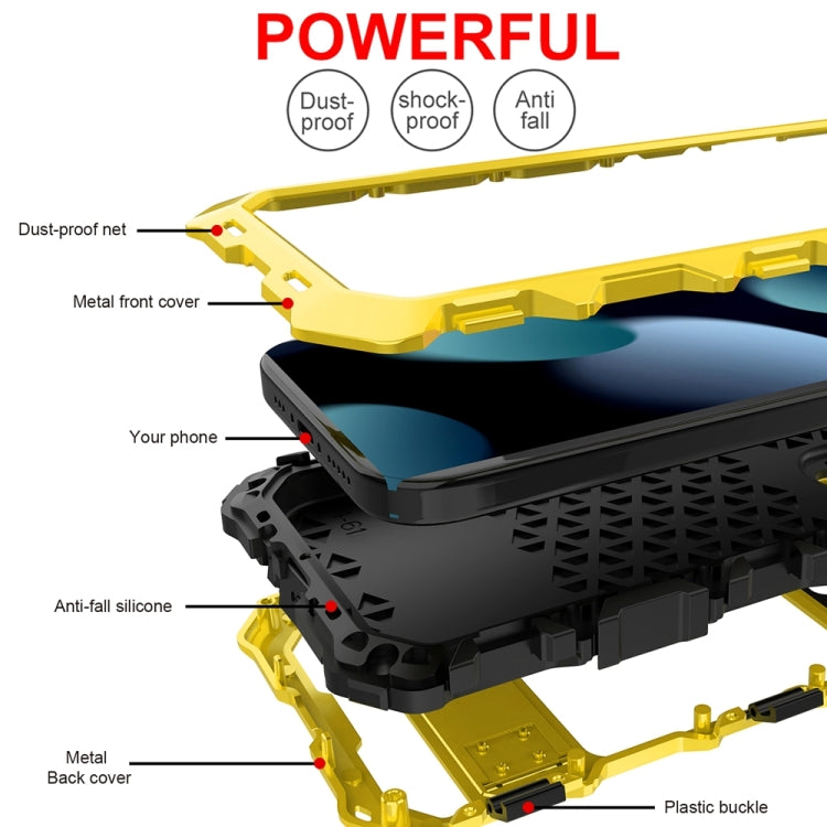 For iPhone 15 Plus R-JUST Metal + Silicone + Tempered Glass Life Water-resistant Phone Case with Holder(Yellow)