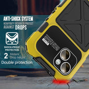For iPhone 15 Plus R-JUST Metal + Silicone + Tempered Glass Life Water-resistant Phone Case with Holder(Yellow)