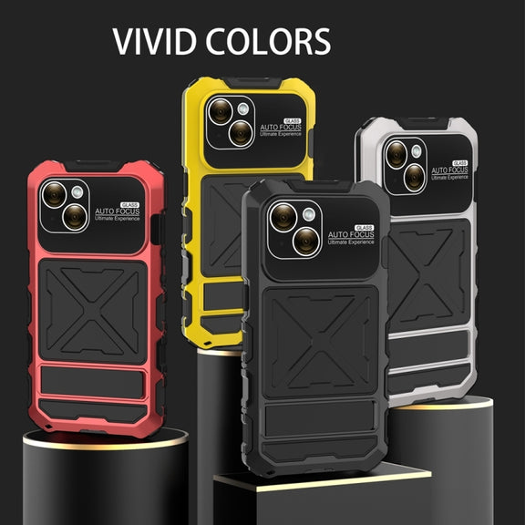 For iPhone 15 Plus R-JUST Metal + Silicone + Tempered Glass Life Water-resistant Phone Case with Holder(Yellow)