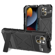 For iPhone 15 R-JUST Metal + Silicone + Tempered Glass Life Water-resistant Phone Case with Holder(Black)