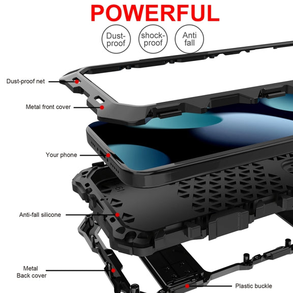 For iPhone 15 R-JUST Metal + Silicone + Tempered Glass Life Water-resistant Phone Case with Holder(Black)
