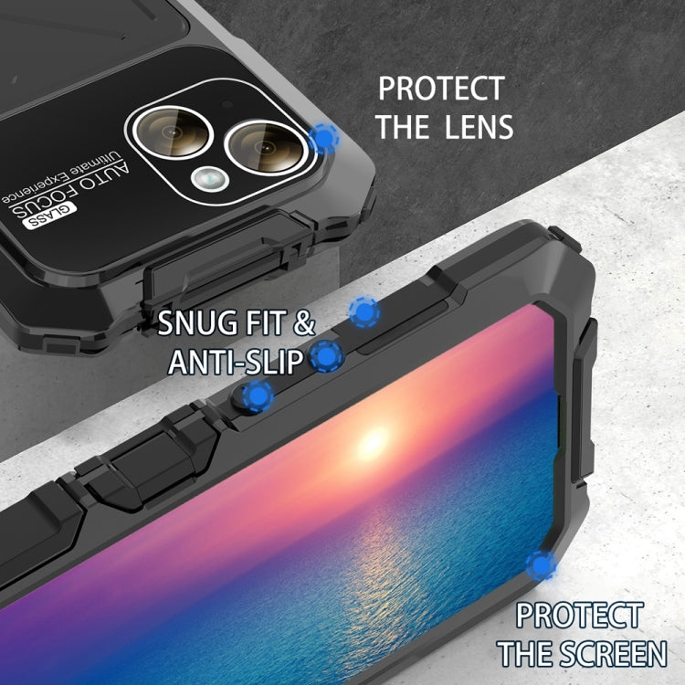For iPhone 15 R-JUST Metal + Silicone + Tempered Glass Life Waterproof Phone Case with Holder(Black) - free shipping - PMC TechLife - Order now!