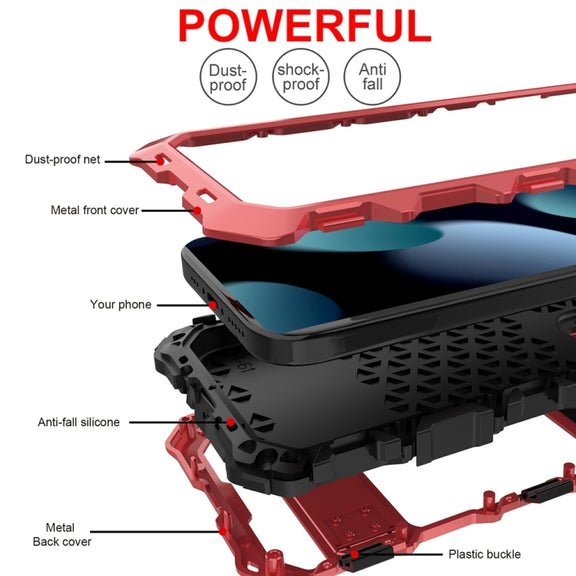 For iPhone 15 R-JUST Metal + Silicone + Tempered Glass Life Water-resistant Phone Case with Holder(Red)