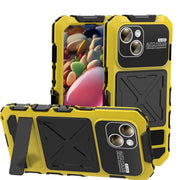 For iPhone 15 R-JUST Metal + Silicone + Tempered Glass Life Water-resistant Phone Case with Holder(Yellow)