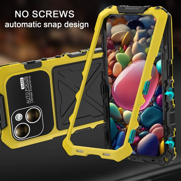 For iPhone 15 R-JUST Metal + Silicone + Tempered Glass Life Water-resistant Phone Case with Holder(Yellow)