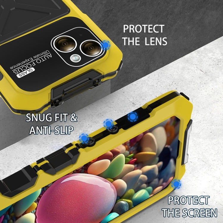 For iPhone 15 R-JUST Metal + Silicone + Tempered Glass Life Waterproof Phone Case with Holder(Yellow) - iPhone 15 Cases by R-JUST | Online Shopping South Africa | PMC TechLife | Buy Now Pay Later Mobicred