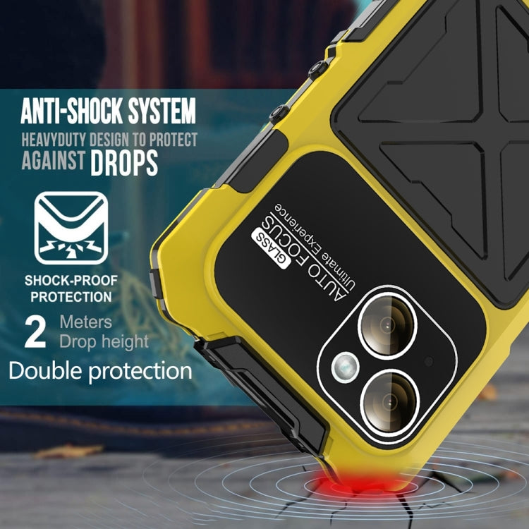 For iPhone 15 R-JUST Metal + Silicone + Tempered Glass Life Waterproof Phone Case with Holder(Yellow) - iPhone 15 Cases by R-JUST | Online Shopping South Africa | PMC TechLife | Buy Now Pay Later Mobicred